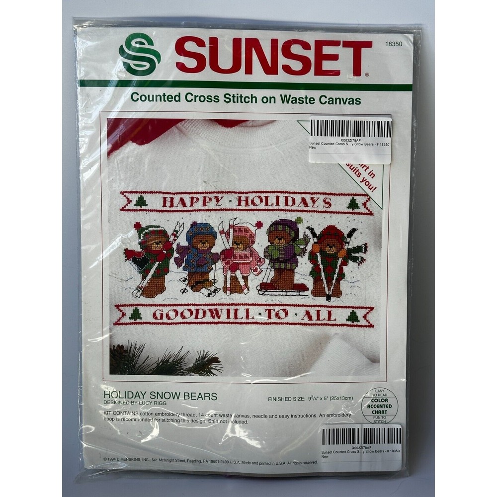 SUNSET Counted Cross Stitch Kit on Waste Canvas - Holiday Snow Bears #18…